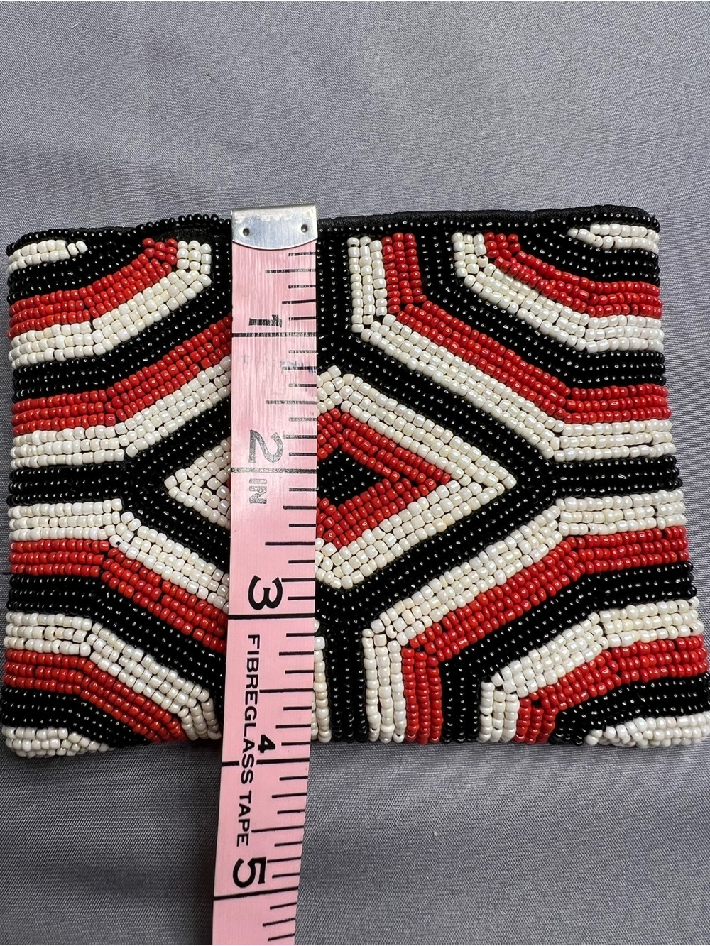 Hand-Beaded Coin Purse | Red Black Cream Geometric | Vintage Boho - Picture 6 of 6